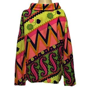 Vtg Women's Top Laura Mae Life Blouse Washes Like a Hanky Paisley Bright Neon 34